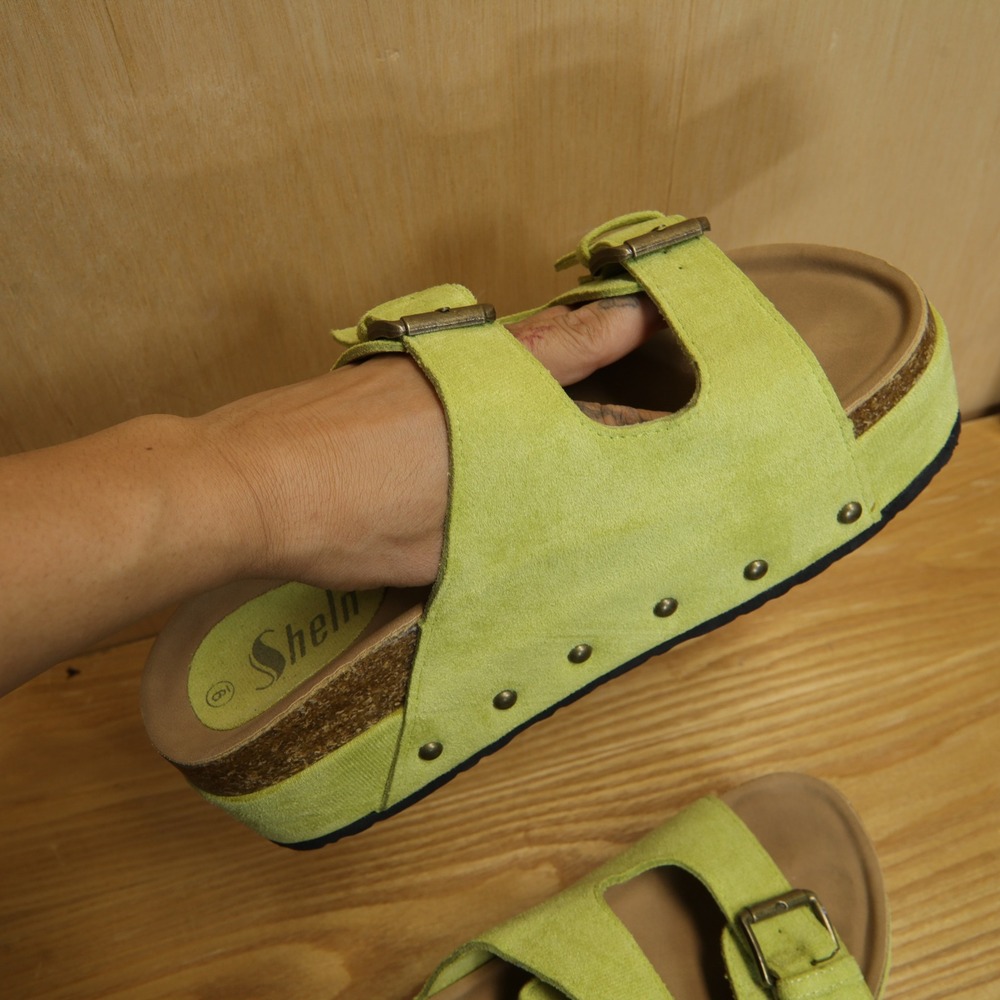 Shein Lime Green Faux Suede Platform Sandals Studded Double Strap Slides Size 9